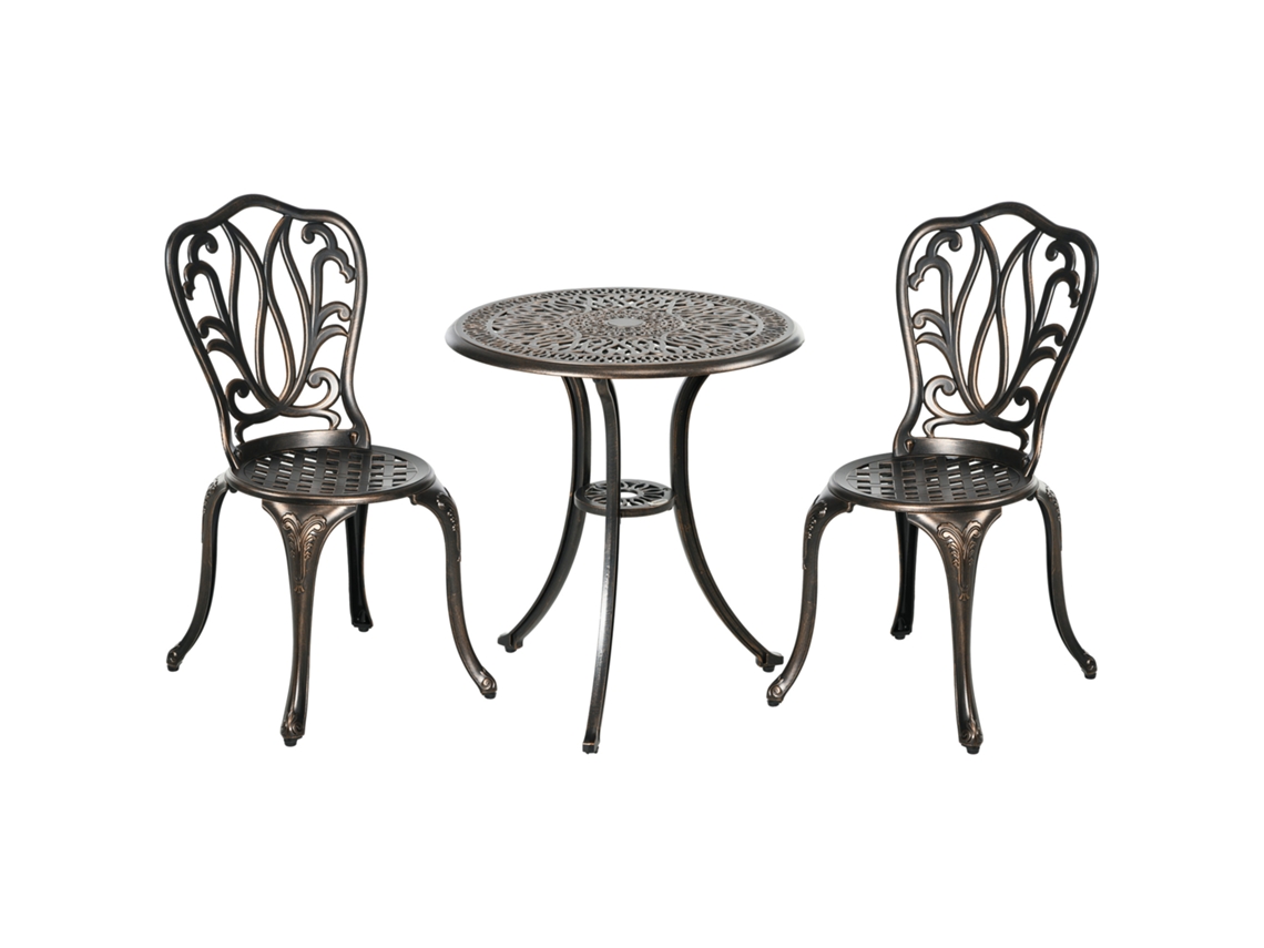 Conjunto de Móveis de Jardim 2 Lugares, 2 Cadeiras + Mesa Redonda em Estilo Retrô Charm em Alumínio Fundido. Bronze Ge