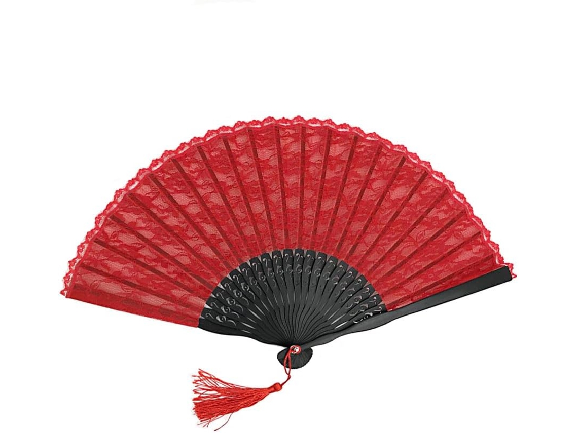 Leque de Mão Dobrável de Bambu com Renda Retrô Vermelha AQUAFORGE