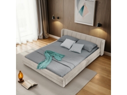 Cama Casal Chenille Bege 140x200 Com Eucalipto E Metal