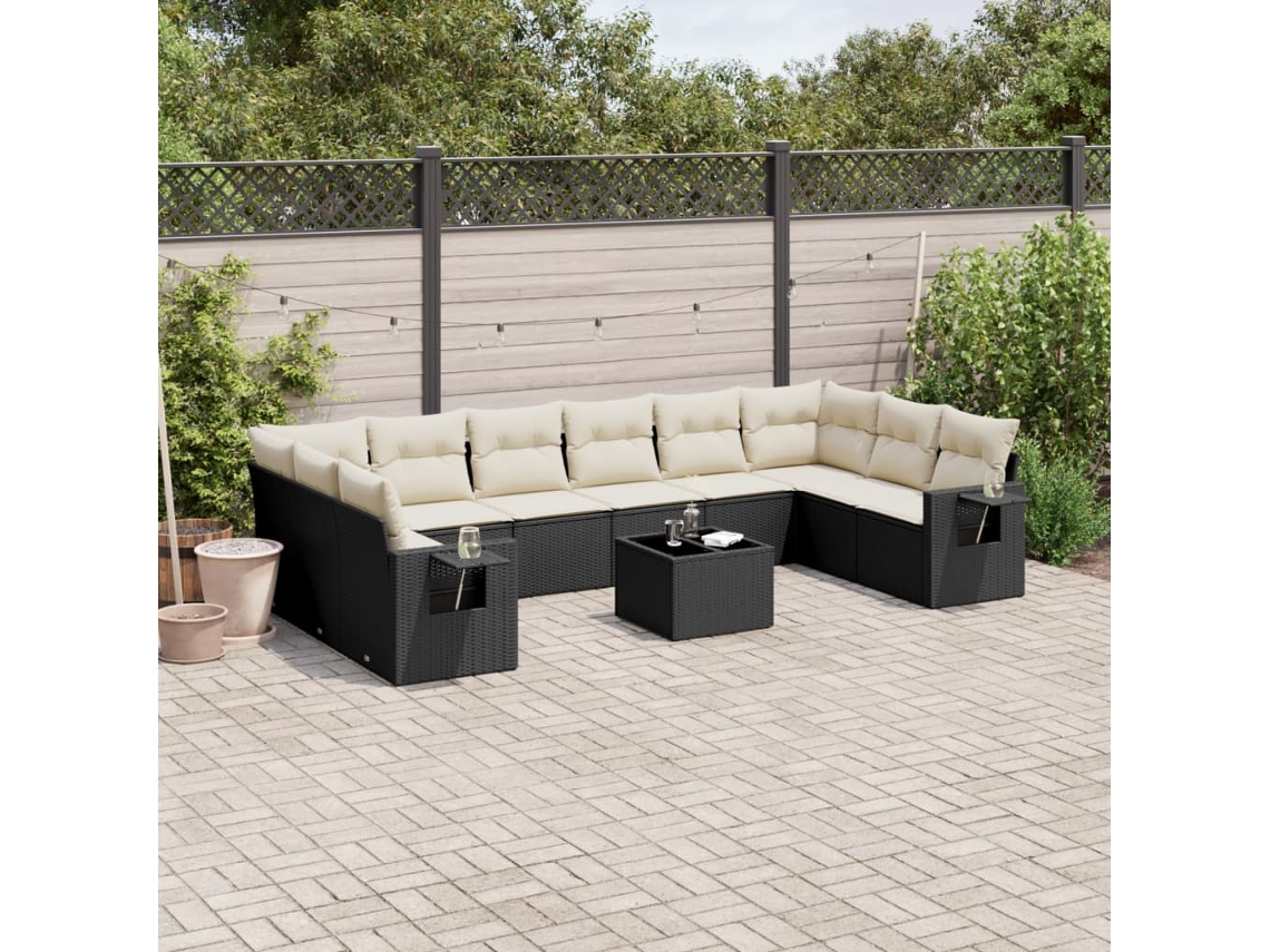 Vidaxl 11 Pcs Conjunto Sofás De Jardim C/ Almofadões Vime Pe Preto