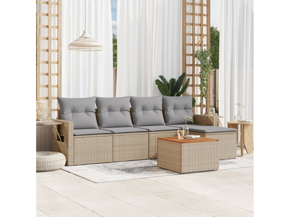 Vidaxl 6 Pcs Conj. Sofás Jardim C/ Almofadões Vime Pe Bege Misturado