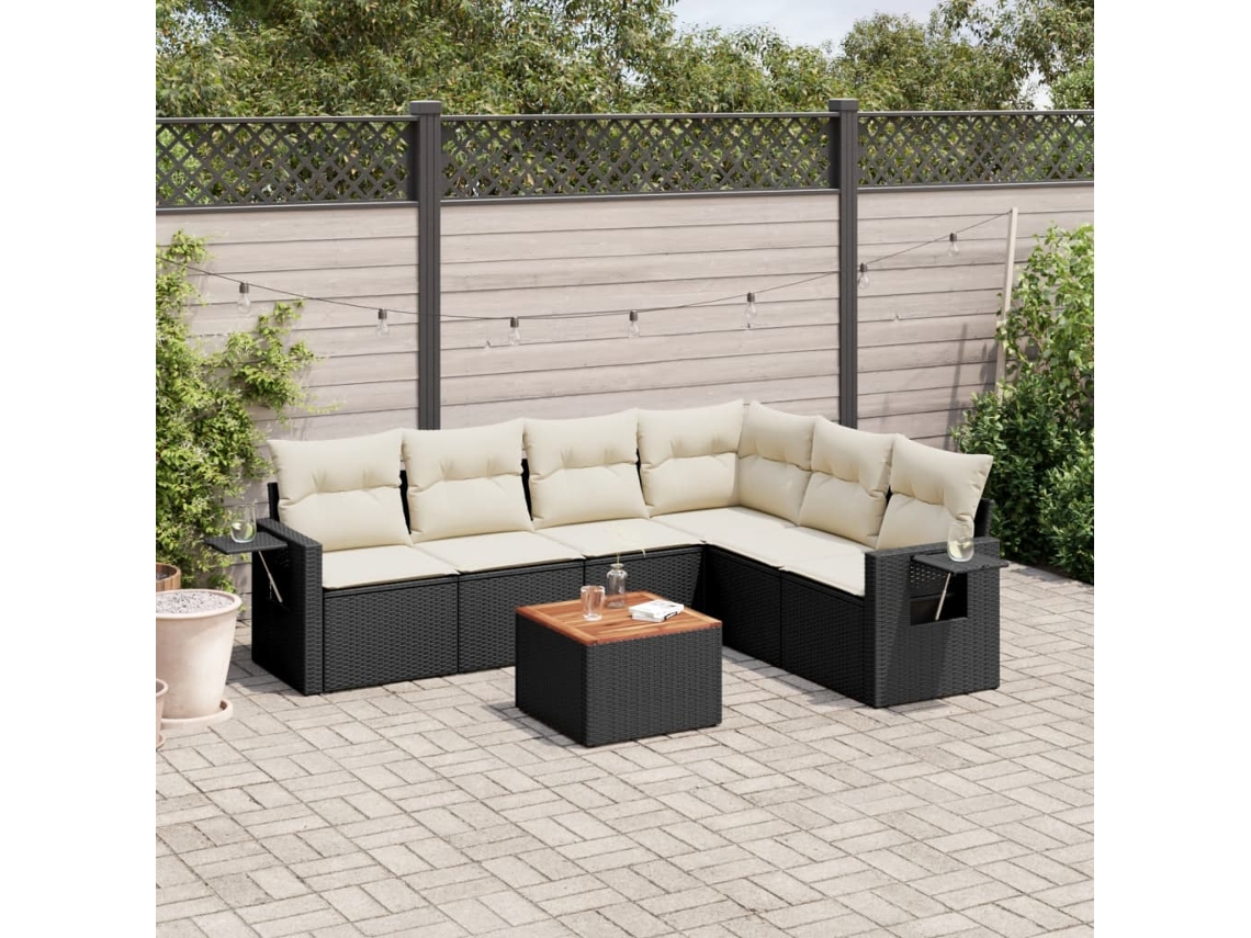 Vidaxl 7 Pcs Conjunto De Sofás P/ Jardim C/ Almofadões Vime Pe Preto