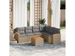 Vidaxl 7 Pcs Conj. Sofás Jardim C/ Almofadões Vime Pe Bege Misturado