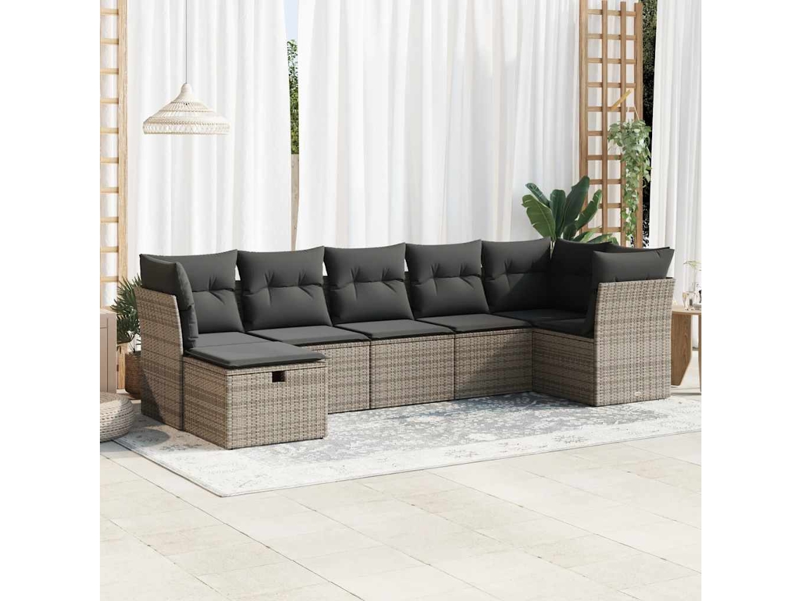 Vidaxl 7 Pcs Conjunto Sofás P/ Jardim C/ Almofadões Vime Pe Cinzento