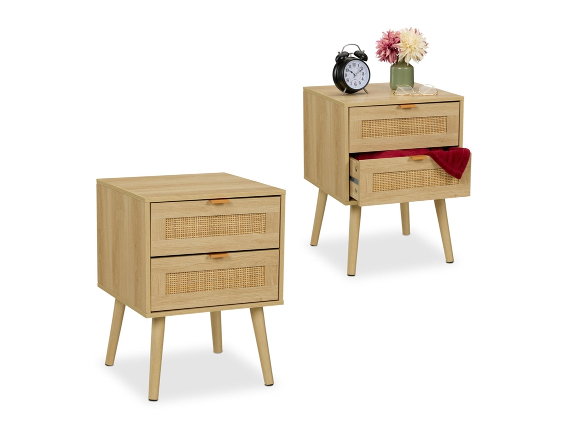 Mesa De Cabeceira Com 2 Gavetas, Efeito Madeira E Rattan