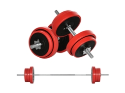 a Barra e as Placas Ajustam 65kg para Treino em Casa. em Metal. Ferro, Areia e Borracha. Vermelho Ge