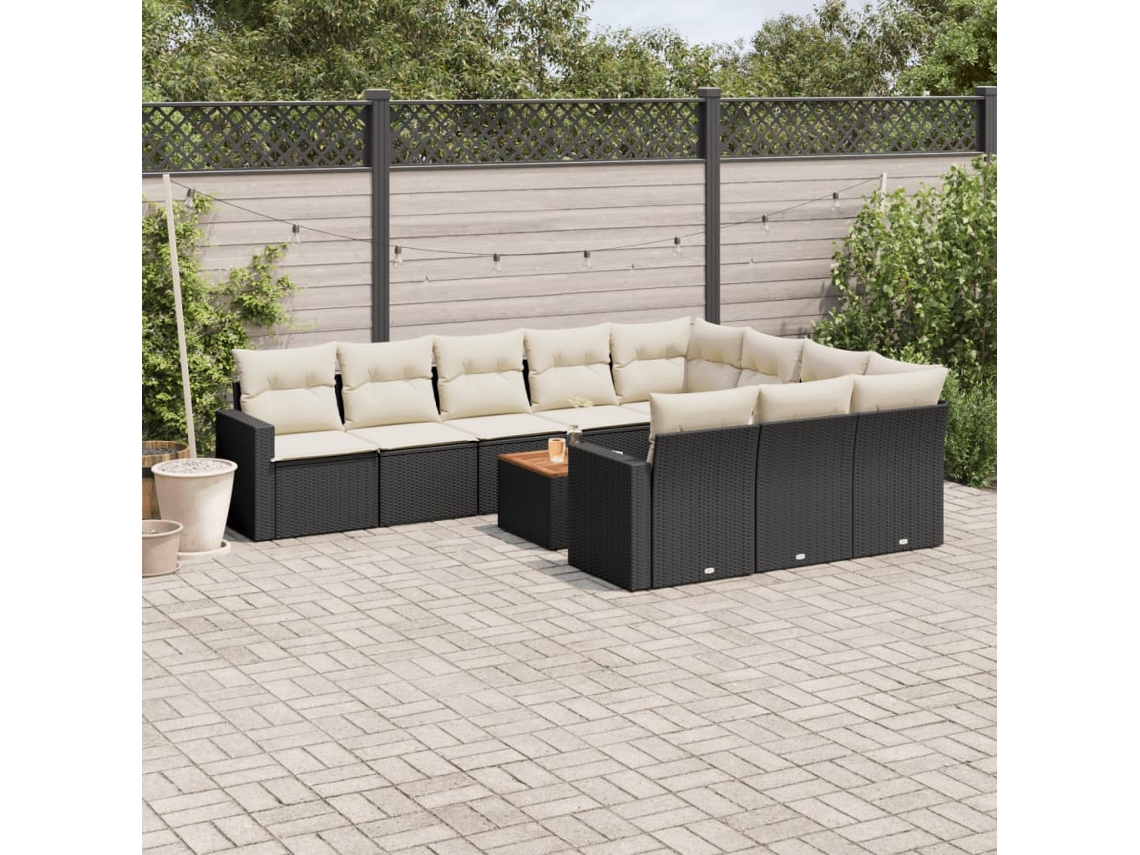 Vidaxl 11 Pcs Conjunto Sofás De Jardim C/ Almofadões Vime Pe Preto