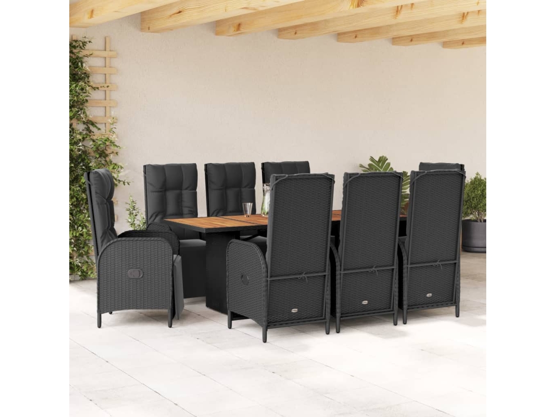 Vidaxl 9 Pcs Conjunto De Jantar P/ Jardim C/ Almofadões Vime Pe Preto