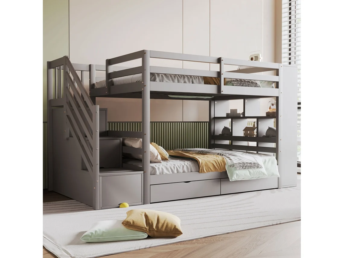 Beliche 90x200cm: Escada Segura Com Gavetas, Armários Grandes, Grade Alta, Estrado De Pinho, Cama Infantil/juvenil, Cinza.