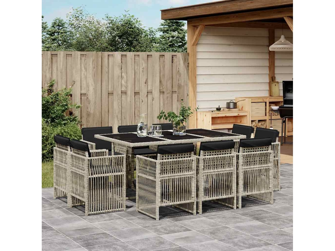 Vidaxl 11 Pcs Conjunto Jantar P/ Jardim C/ Almofadões Vime Pe Cinzento