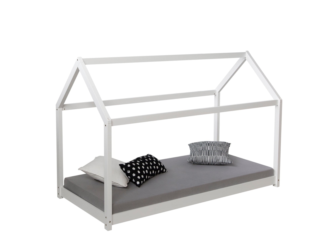 Cama Infantil Em Formato De Casinha Feita De Madeira Branca Com Estrado De Ripas 80x160 Cm Lit06198