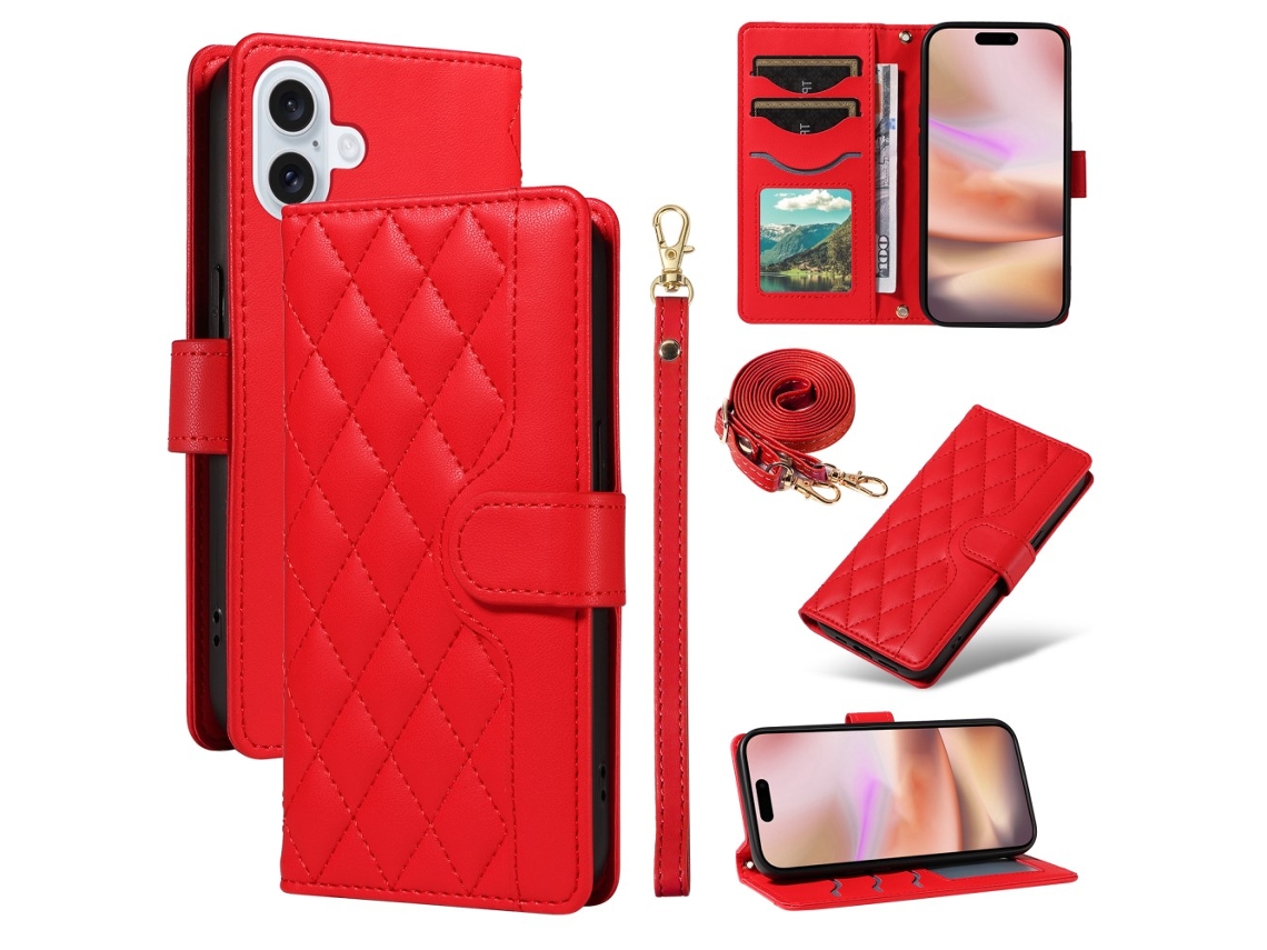 Capa Em Couro Pu Com Pega Para Apple Iphone 16 Vermelho