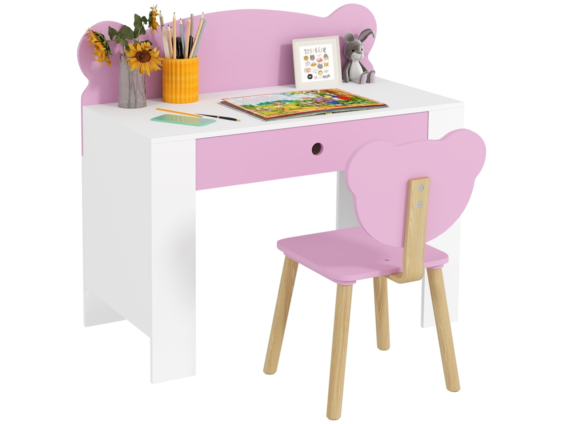 Mesa de Estudo Infantil BTFORUS com Gaveta e Cadeira com Encosto de Ursinho