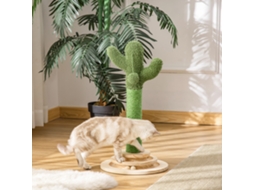Cacto para Gatos Arranharem, 60 Cm de Altura, em Madeira com Pinheiro, Sisal e Bola, nas Cores Verde e Natural