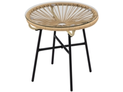 Mesa Auxiliar De Vime Sintético Para Exteriores Com Bancada De Vidro Temperado E Pés De Metal Ø50x50 Cm Bege E Preto