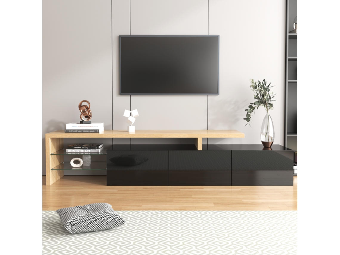 Móvel Preto Brilho Madeira Vidro Led Armazenamento VOLTEDGE