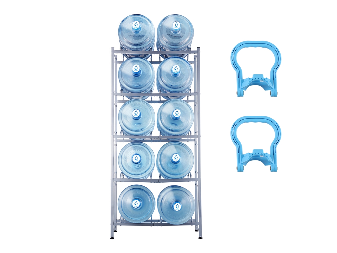 Suporte para Galão de Água 5 Níveis Prateleira Garrafas 650x332x1410 Mm 10 Resistente Galões Cozinha, Escritório, Sala, Cinza Prateado