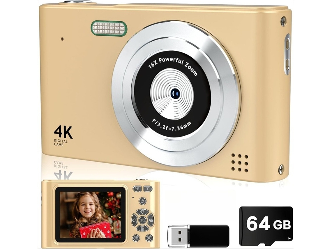 Mini Câmera Compacta Uhd 4k Câmera Digital Foco Automático Zoom 16x 64g Dourada