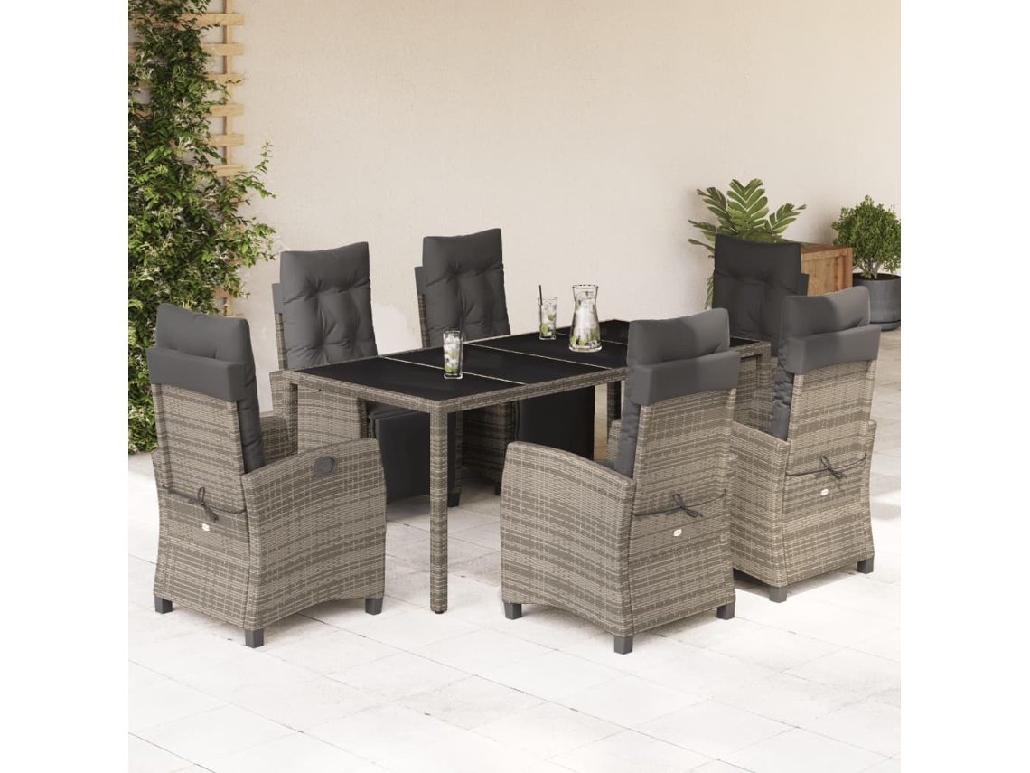 7 Pcs Jogo De Jantar P/ Jardim C/ Almofadões Vime Pe Cinza Dkd Home Decor