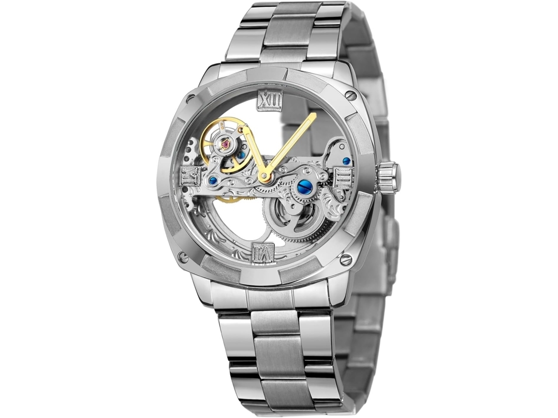 Relógio Masculino Steampunk Automático Com Pulseira Prateada, Adequado Para Todas As Ocasiões.