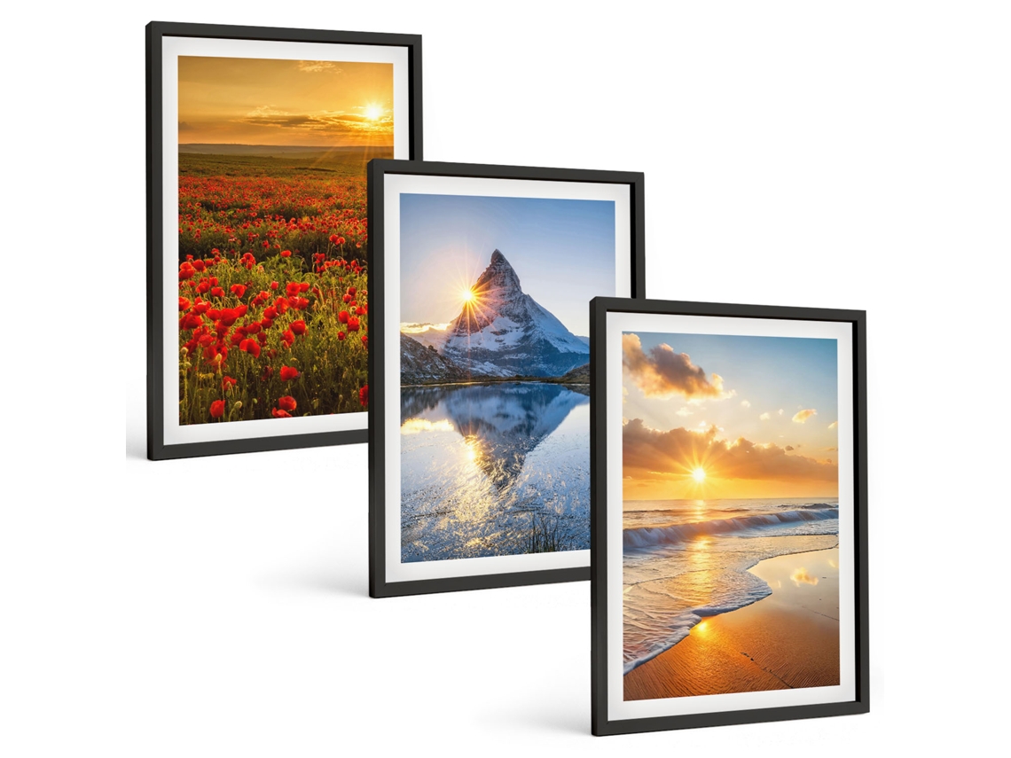 Conjunto De Pinturas Paisagens De Montanhas E Mar, Pôr Do Sol Espelharte (3 Peças 40x60 Cm)