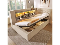 Cama Estofada 90x190cm Solteiro, Led, Armazenamento Hidráulico. L Cabeceira. Linho Bege. -op