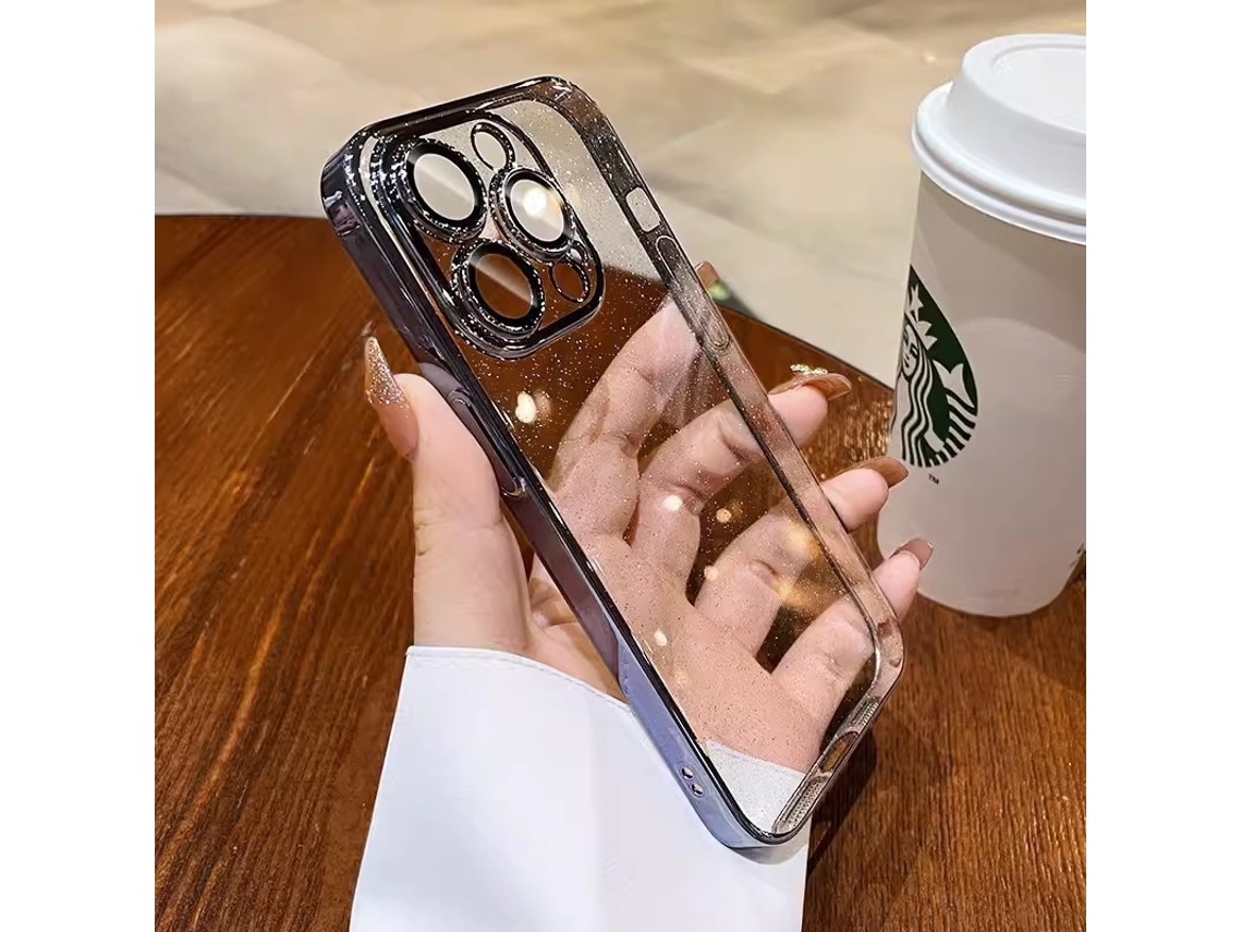 Capa Para Iphone 17 Em Titânio Azul Com Glitter E Lente Transparente, Resistente A Impactos.