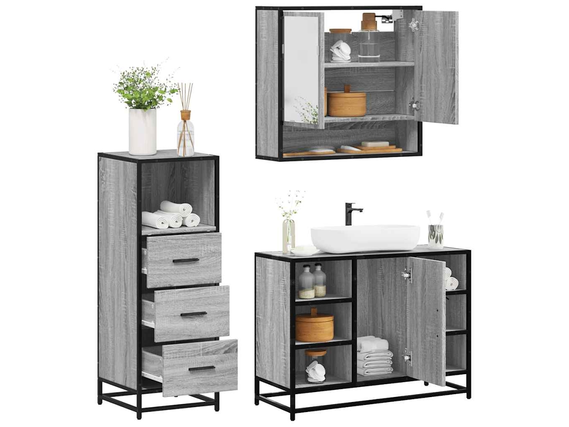 Vidaxl 3 Pcs Conjunto Móveis Casa De Banho Madeira Proc. Cinza Sonoma