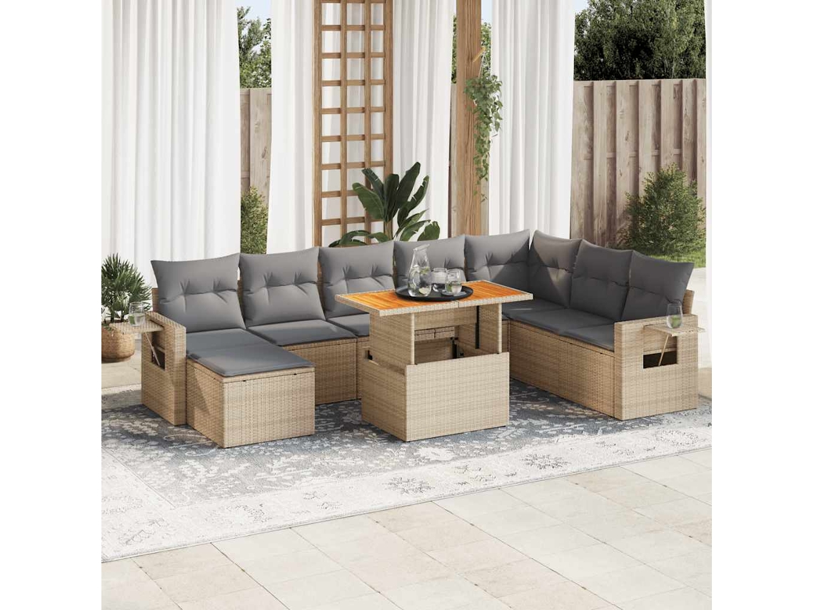 Vidaxl 9 Pcs Conjunto De Sofás P/ Jardim Com Almofadões Vime Pe Bege