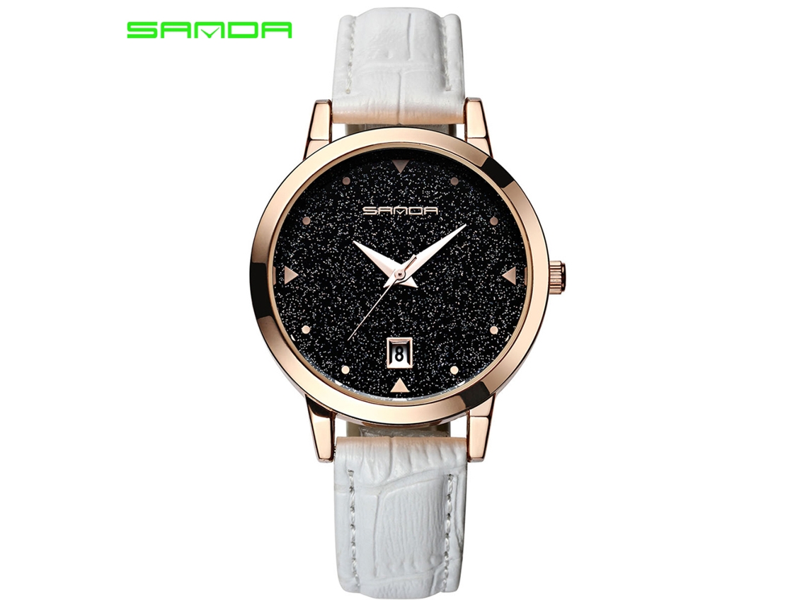 Relógio Feminino Sanda Pulseira Pu Resistente À Água 30m Relógio de Pulso de Quartzo Branco