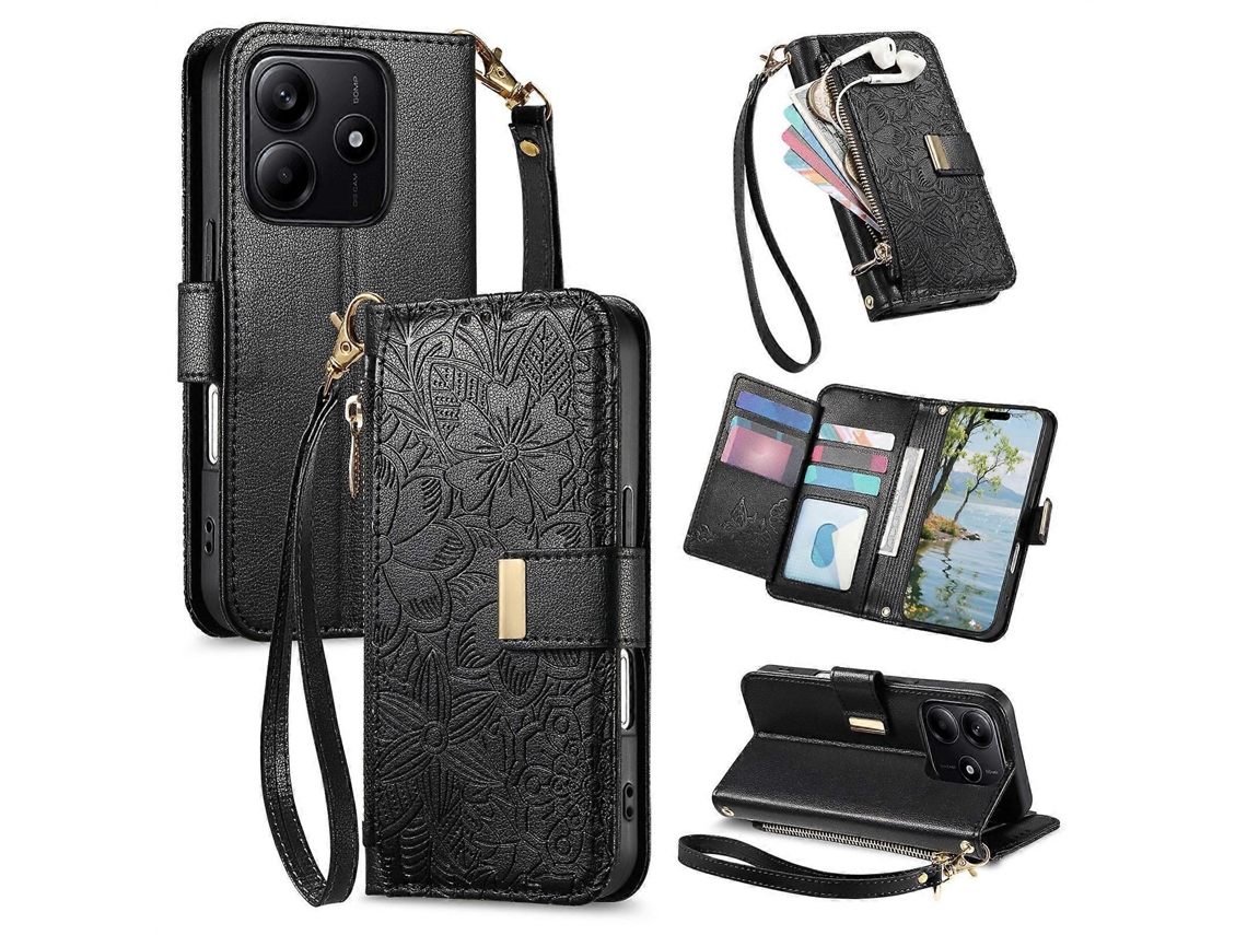 Capa Carteira De Couro Com Zíper, Estampa De Flores E Folhas, Com Alça, Para Celular Redmi Note 14 5g.