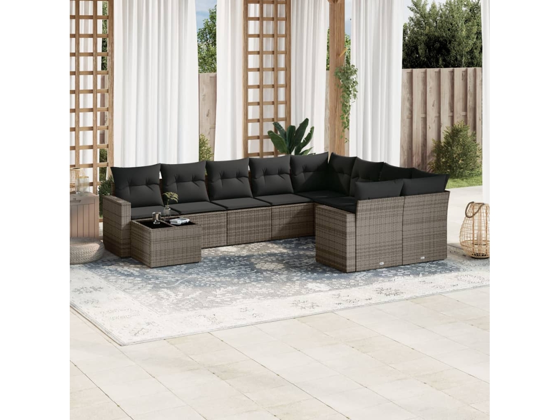 Vidaxl 10 Pcs Conjunto Sofás de Jardim C/ Almofadões Vime Pe Cinzento