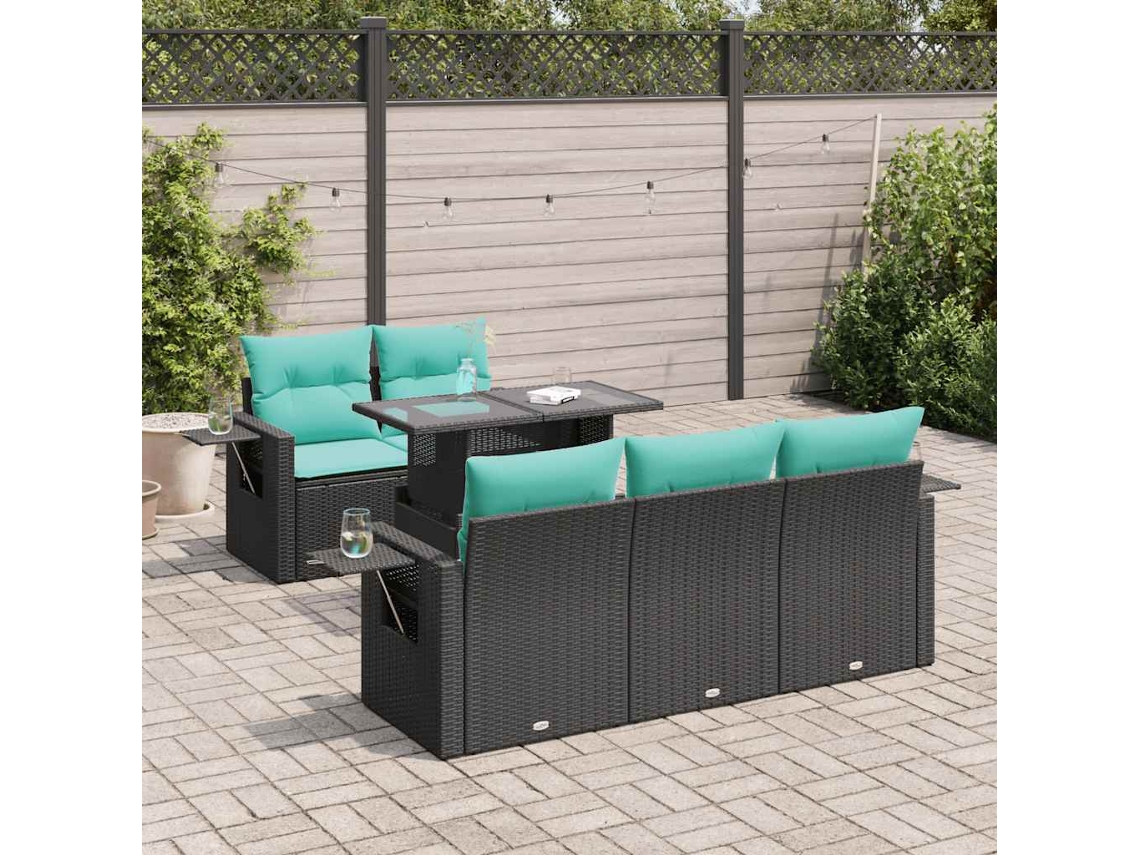 Vidaxl 6 Pcs Conj. Sofás Jardim C/ Almofadões Vime Pe/acácia Preto