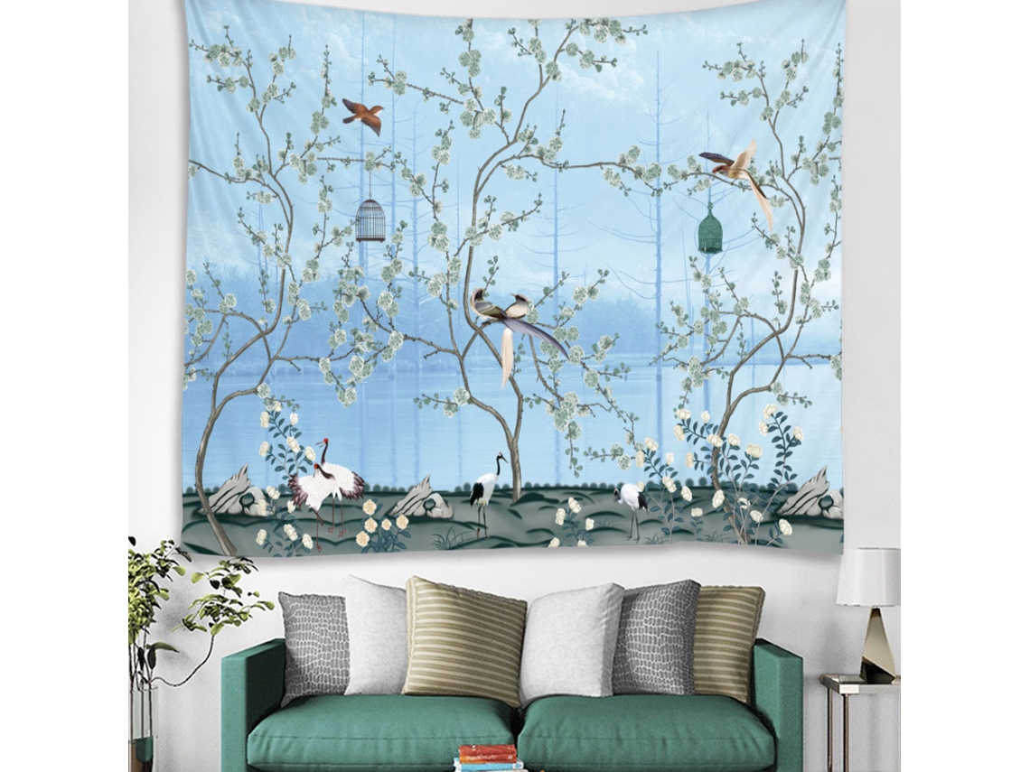 Tapestry Parede Flores Aves 150x150cm E Pingente Beads