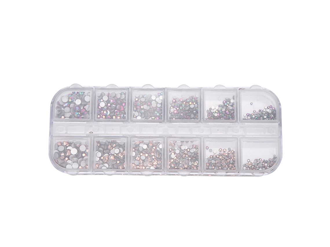 Strass para unhas com base plana, 12 graus de brilho, 14 seções, 3 estilos, material de vidro, ferramenta de manicure