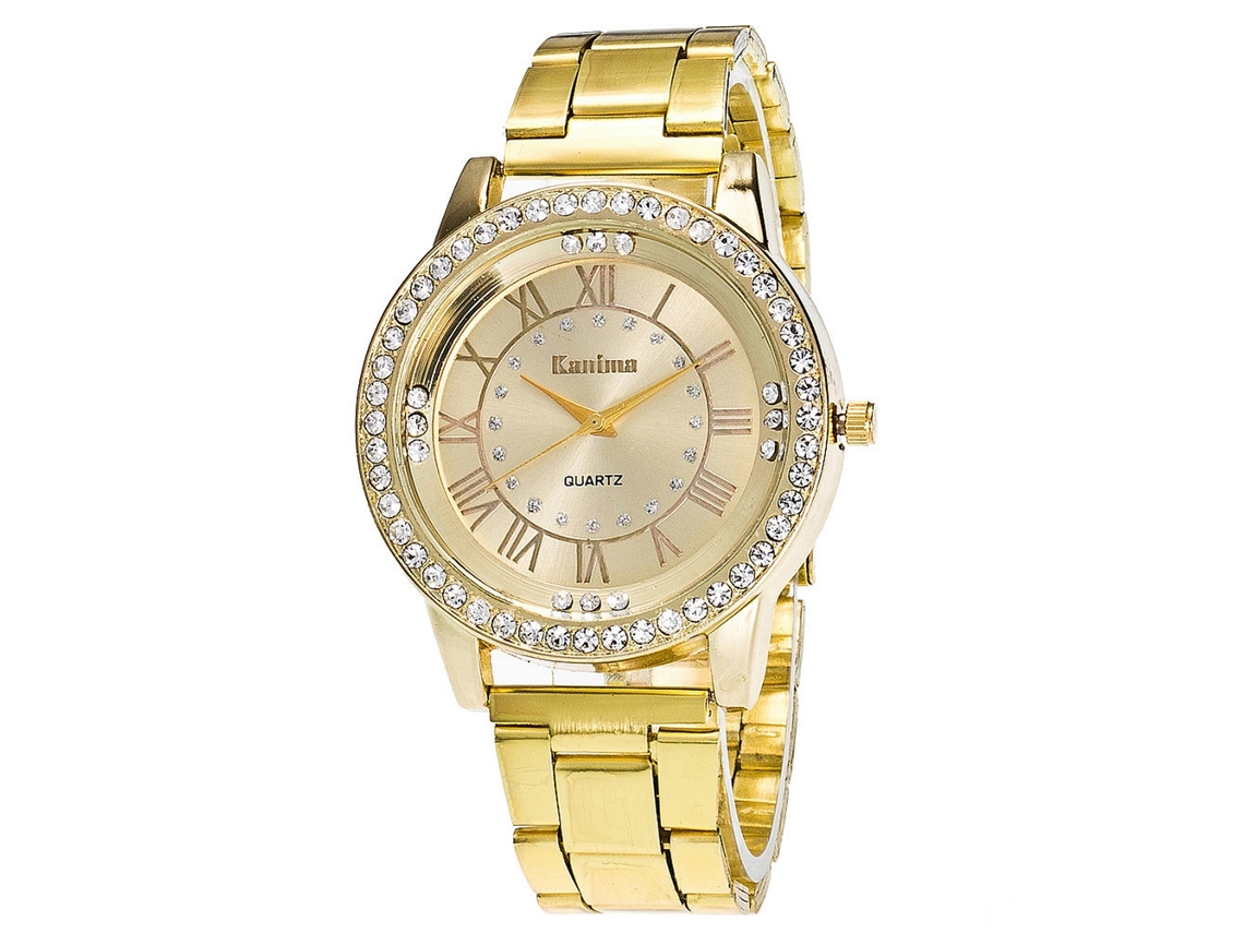 Relógio de pulso unissex casual e elegante em aço dourado com strass e movimento de quartzo.