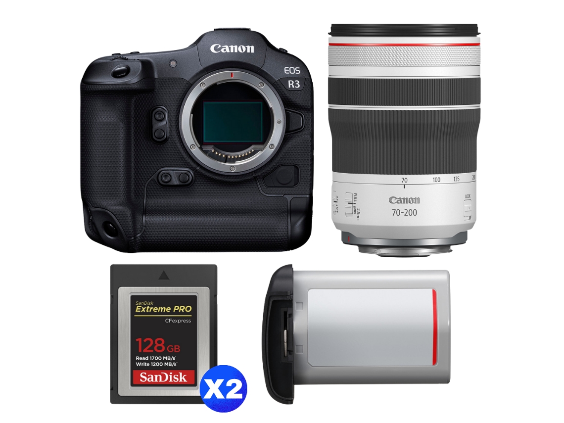 Eos R3 + Rf 70 200mm F/4 L Is Usm + 2 Sandisk 128gb Extreme Pro Cfexpress Type B + Canon Lp e19 + Ebook “20 Dicas para Fotos Que Impressionam” CANON