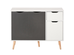 Aparador Móvel Auxiliar De Armazenamento Com 2 Armários De Porta Gaveta Pés De Madeira 90x30x72 Cm Cinza E Branco