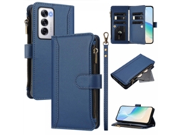 Capa De Couro Compatível Com Oppo Reno12 5g (global) Com 9 Compartimentos Para Cartão, Zíper, Suporte E Alça De Pulso. Azul Escuro
