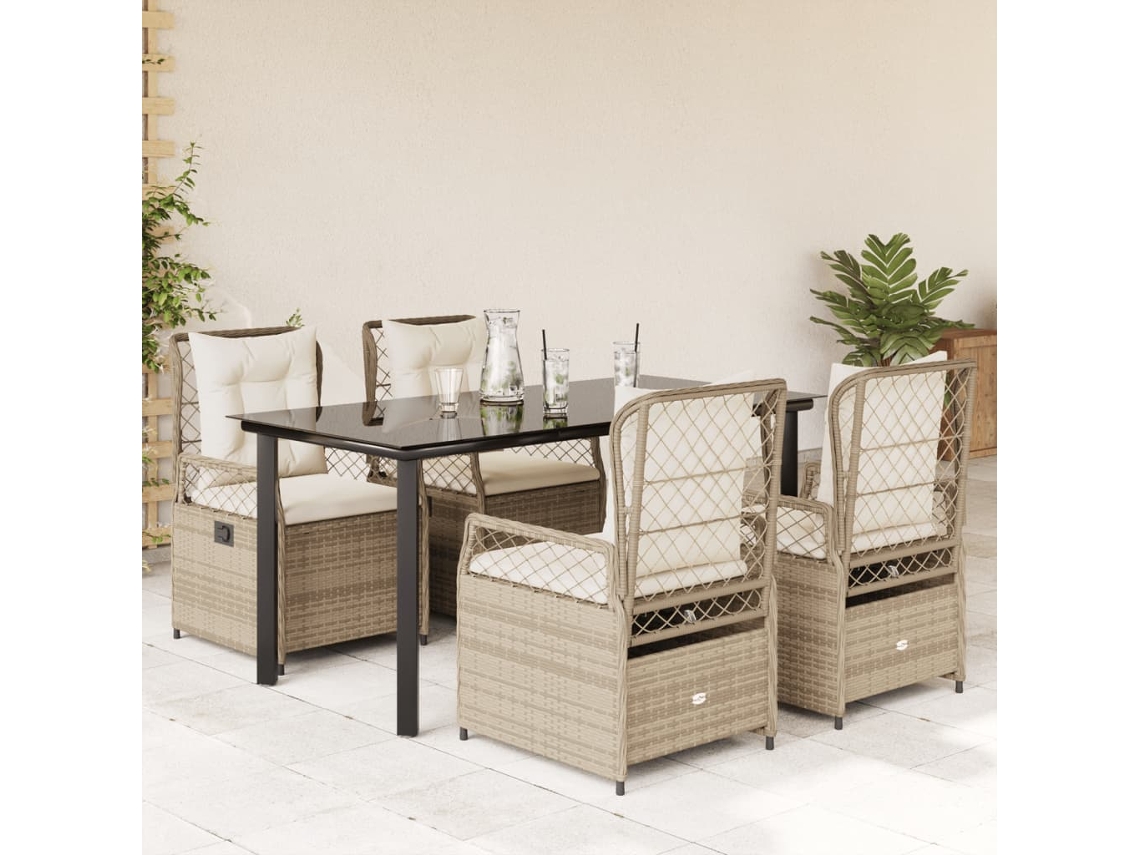 Conjunto 5 Peças Jantar P/ Jardim Com Almofadões Vime Pe Bege Dkd Home Decor