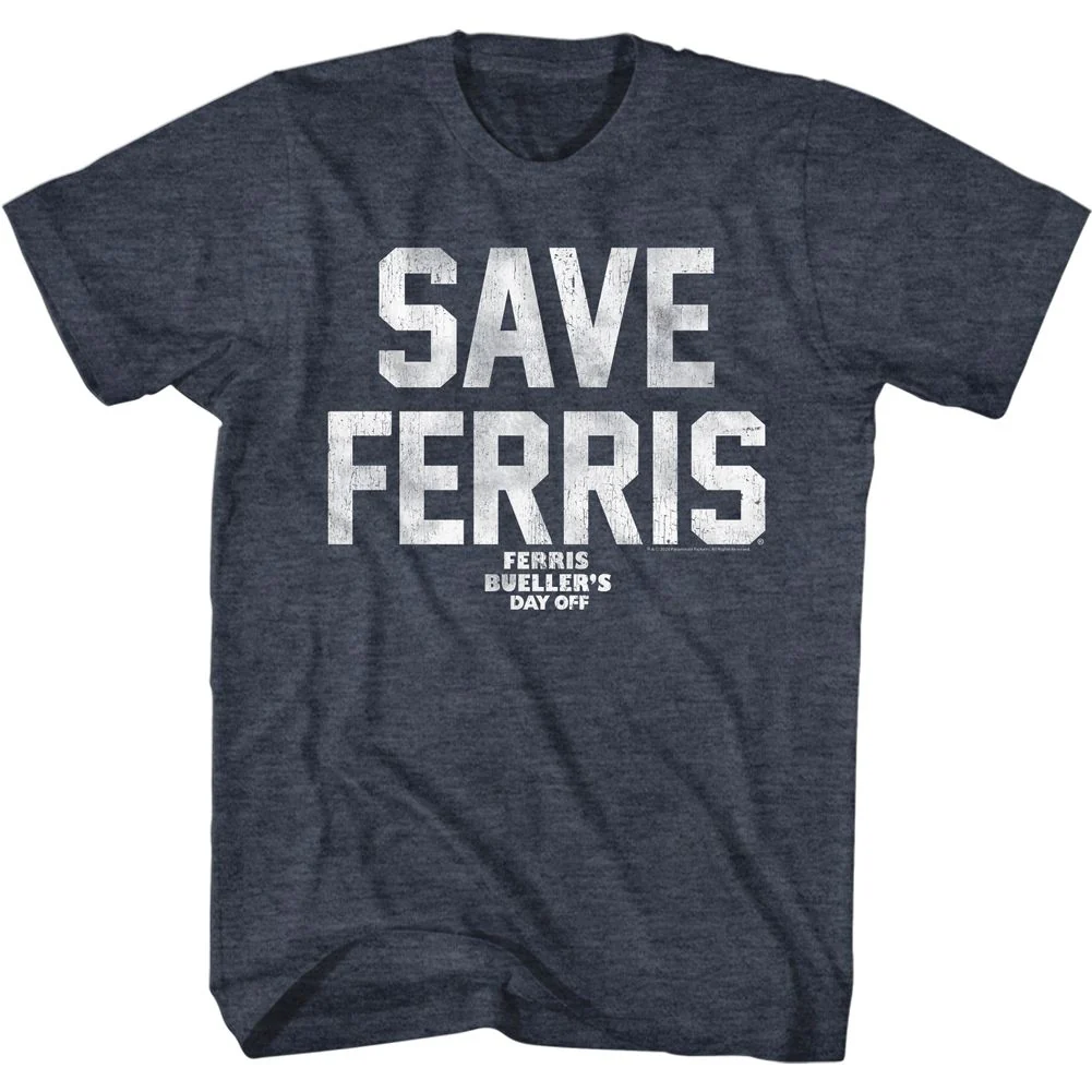 Unisex Adult T-shirt Rockinstone Ferris Bueller's Day Off Save Ferris White Ink Heather Navy Sizexxl
