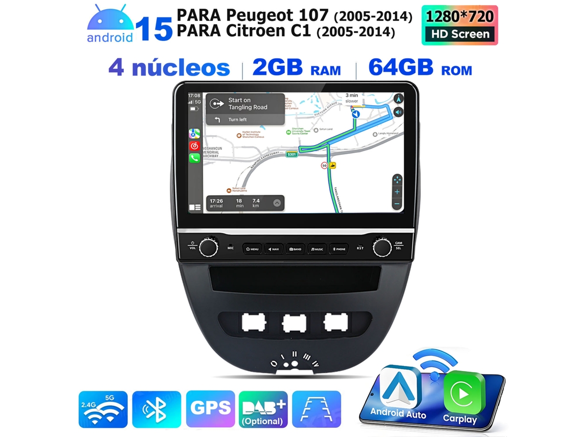 Hexinex Rádio Carro 10.1 Polegadas Android 15 2gb+64gb Wi-fi 4 Núcleos Para Peugeot 107 Citroën C1 2005-2014 Bt Carplay Android Auto
