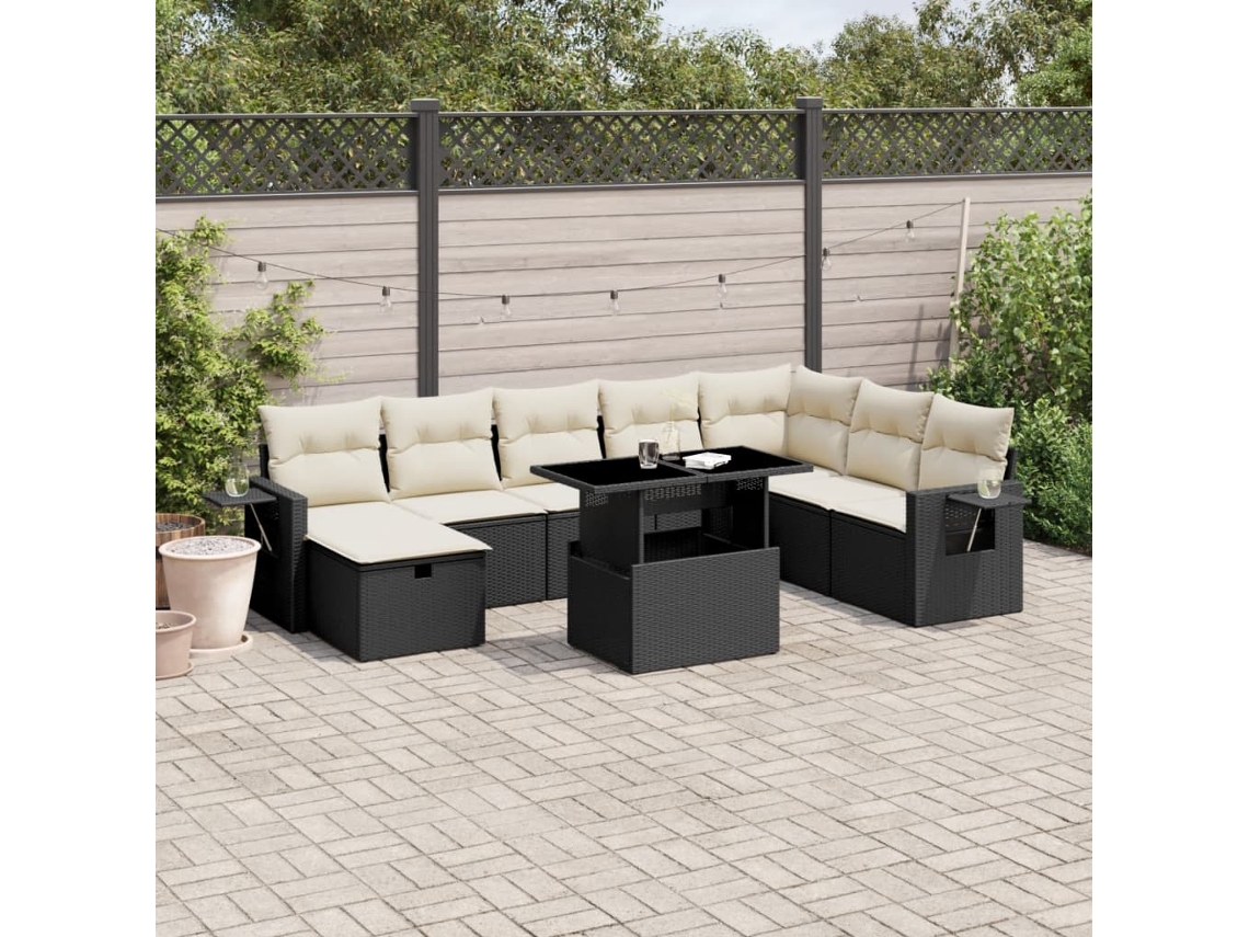 Vidaxl 9 Pcs Conjunto De Sofás P/ Jardim C/ Almofadões Vime Pe Preto