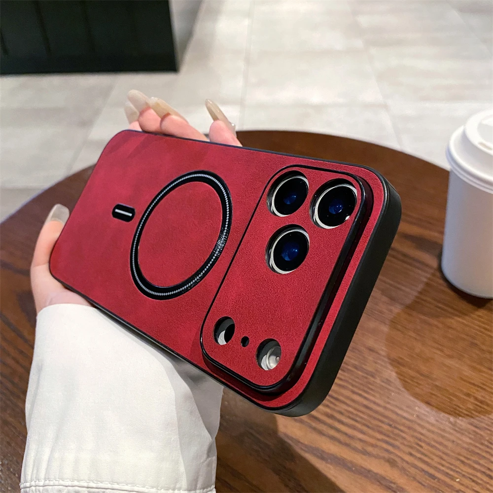 Capa Para Celular Em Couro Sintético Estilo Executivo (iphone 15 Plus Vermelho), Compatível Com Carregamento Sem Fio Magnético Magsafe.