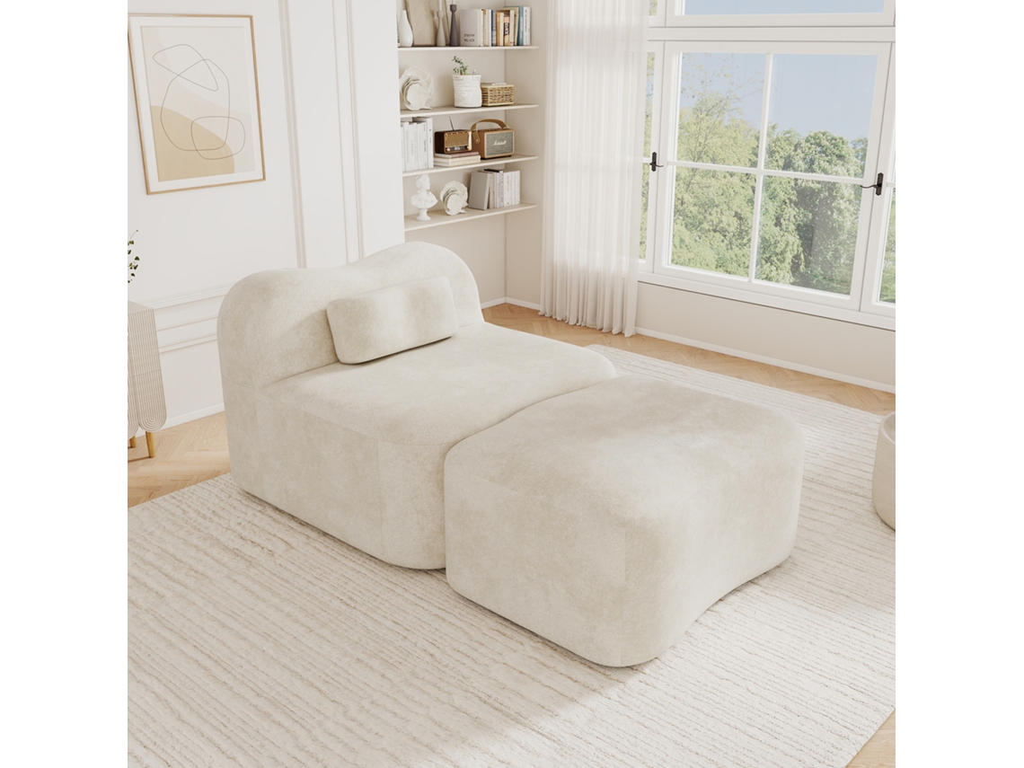 Sofá Modular Sem Estrutura Com Pufe, Design Ondulado, Espuma 32d, Tecido Macio, Bege