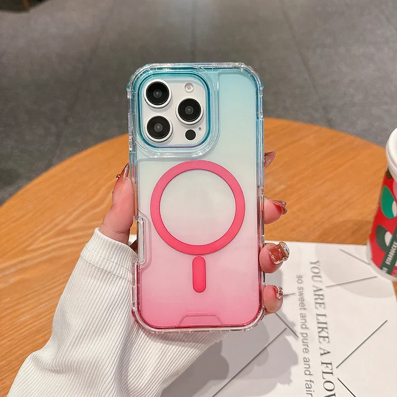 (azul E Rosa, Iphone 15 Pro) Capa Transparente Com Efeito Degradê À Prova De Choque E Carregamento Sem Fio Magnético.