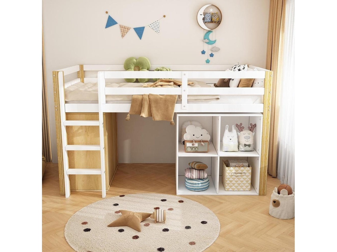 Beliche Mezanino Infantil 90x200 Cm, Multifuncional, Com 2 Armários, Escada Segura, Madeira, Montagem Fácil, Natural E Branco