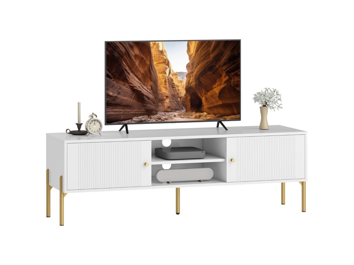 Suporte Para Tv Até 65 Polegadas,2 Portas,2 Compartimentos Abertos,pés De Aço,140x38x45,9cm,cor Branca