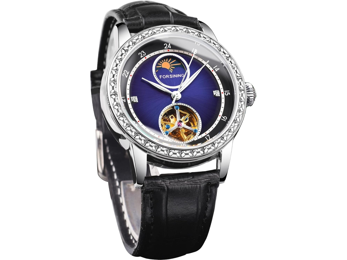 Lurelia Relógio Mecânico Masculino, Automático, Detalhes Com Strass, Mostrador Esqueleto, Turbilhão, Fase Da Lua, 42 Mm
