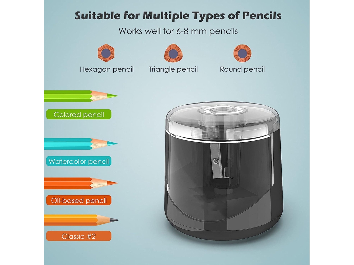 Afiador Elétrico Portátil para Lápis 6 8mm com Bateria, Hexagonal/triangular/redondo, Rápido para Estudantes, Artistas, Casa, Escola